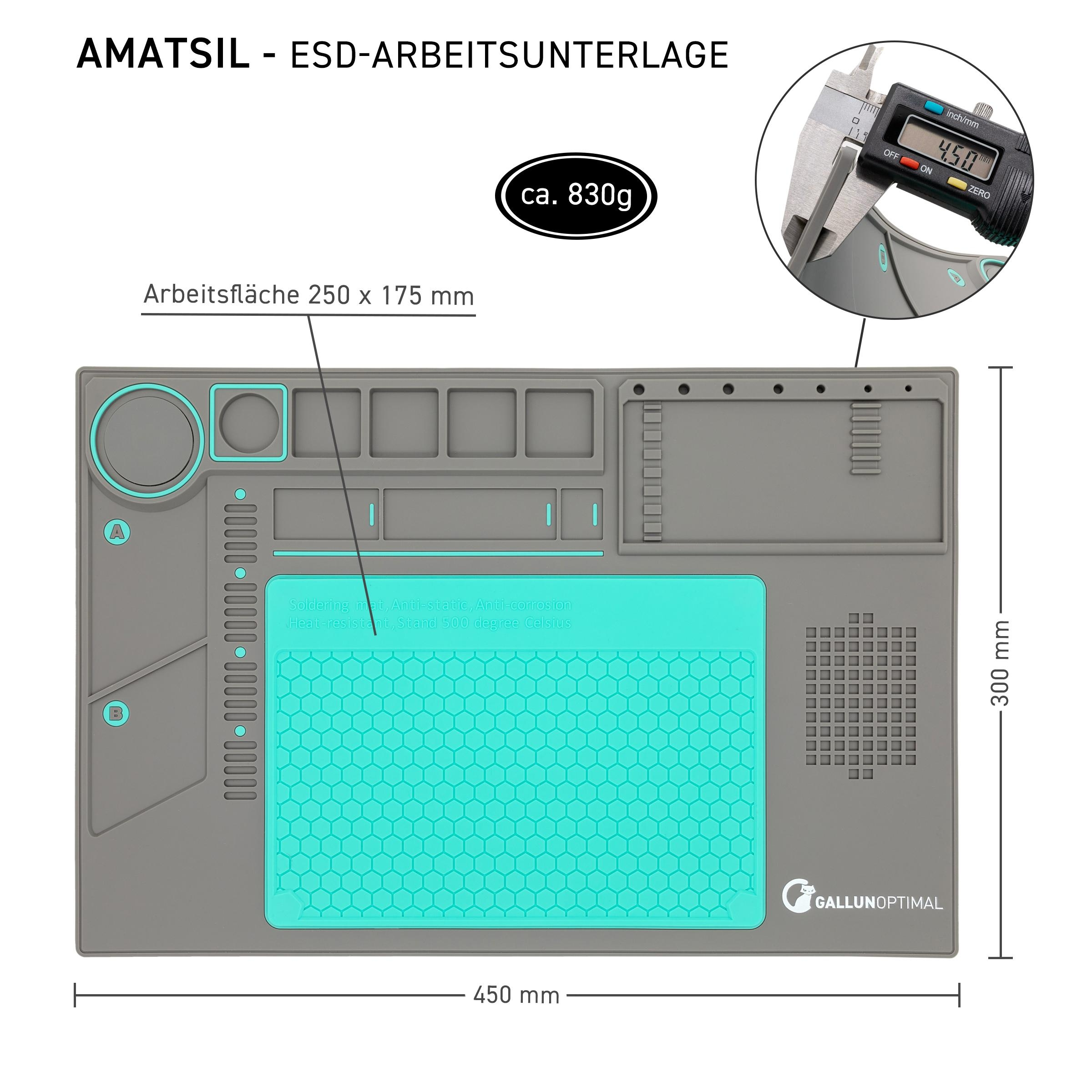 Graue Lötmatte mit türkisem Hexagonbereich, Abmessungen 450x300mm und ein Messschieber. Weißer Hintergrund.