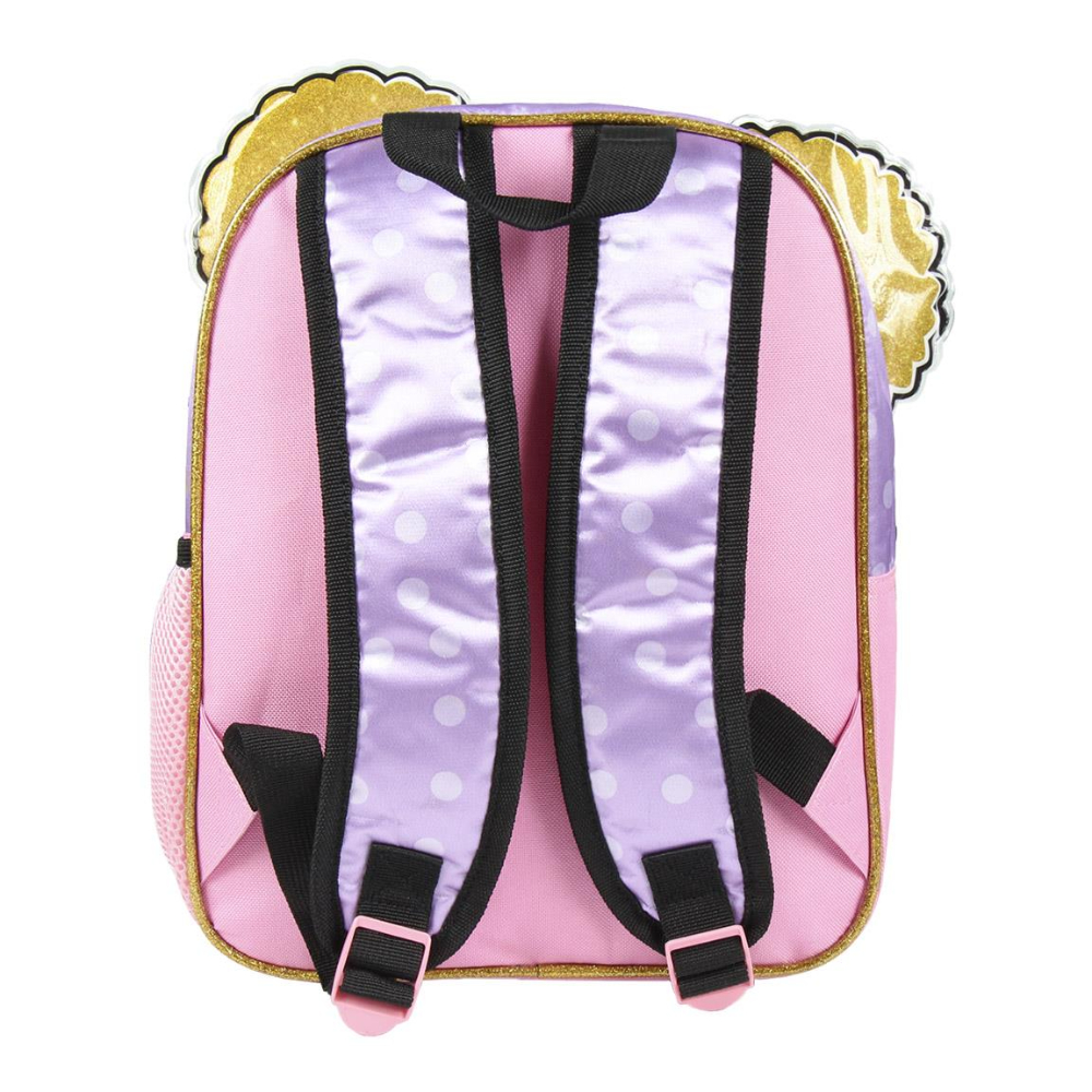 Parte trasera de una mochila rosa con diseño de muñeca LOL Surprise, lunares y detalles dorados.