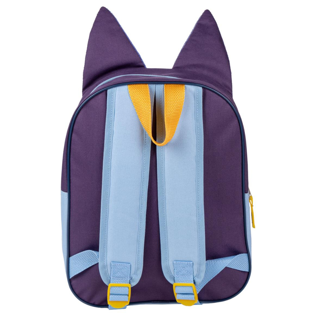 Parte trasera de la mochila de Bluey. Orejas de Bluey, colores azul y morado, y correas azules.