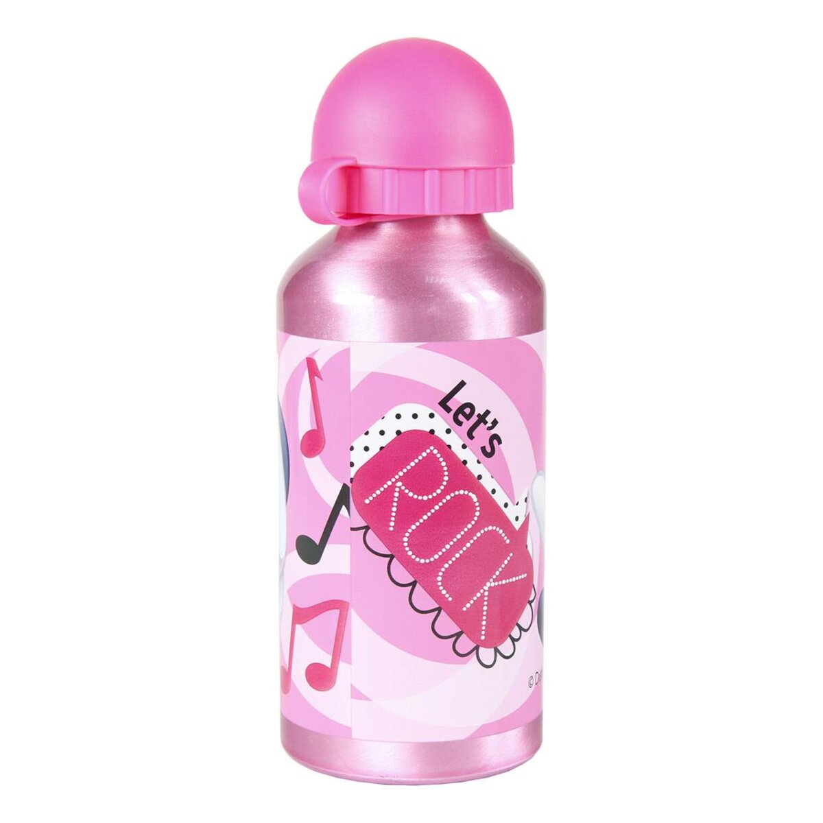 Botella de agua rosa con tapa rosa, notas musicales y texto 'Let's ROCK'.