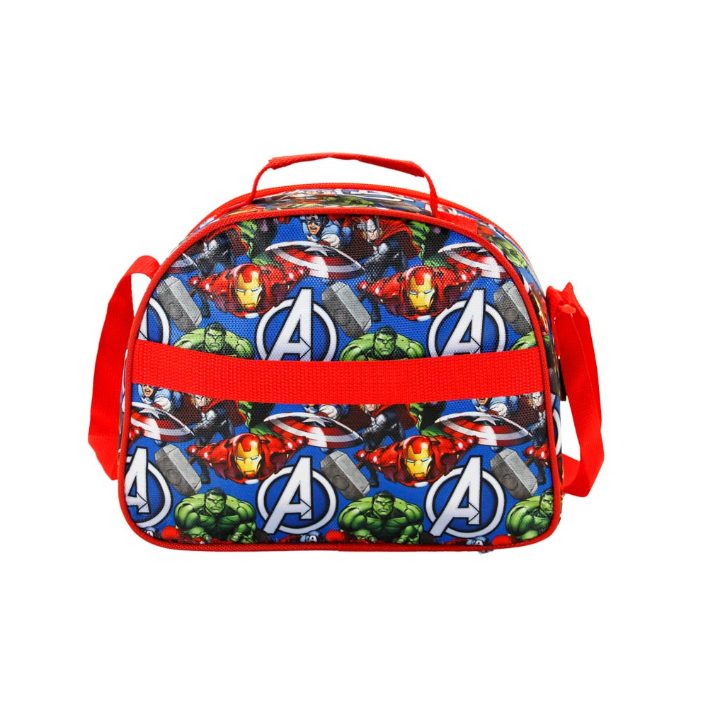 Bolsa de almuerzo de los Vengadores con el logo de los Vengadores, varios héroes y correas rojas.