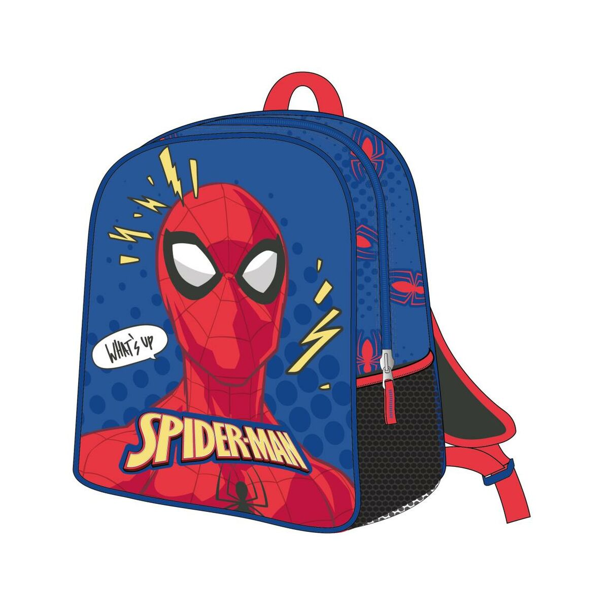 Spiderman-Rucksack mit Spiderman-Gesicht, blauem Hintergrund und Blitz.
