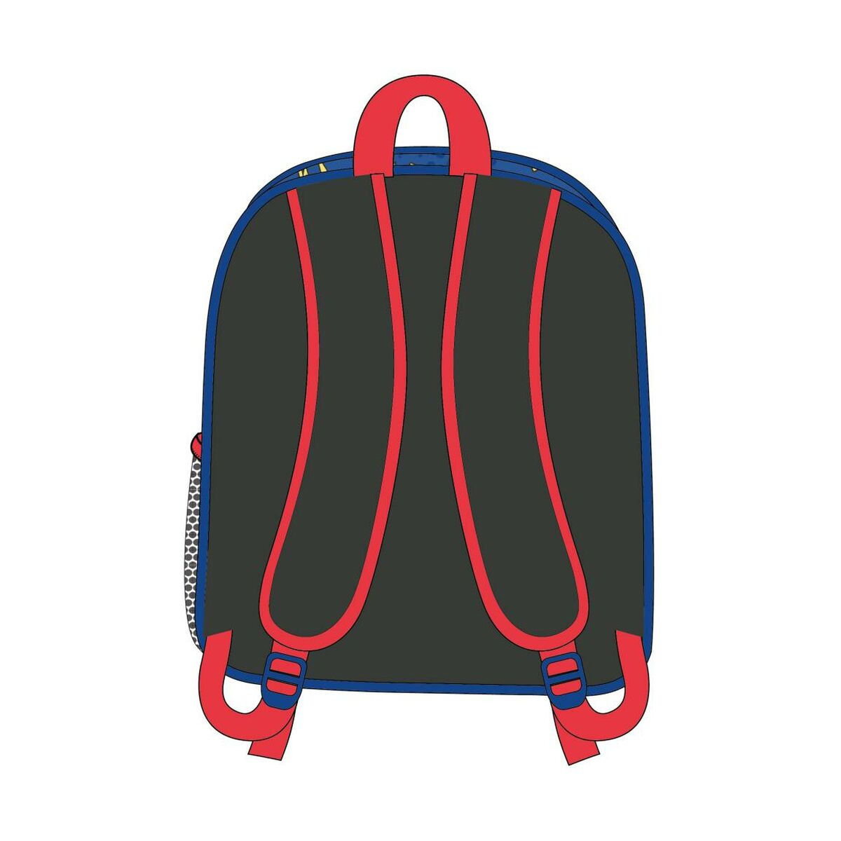 Rückseite eines Rucksacks mit schwarzem Panel, blauer Umrandung und roten Trägern auf weißem Grund.