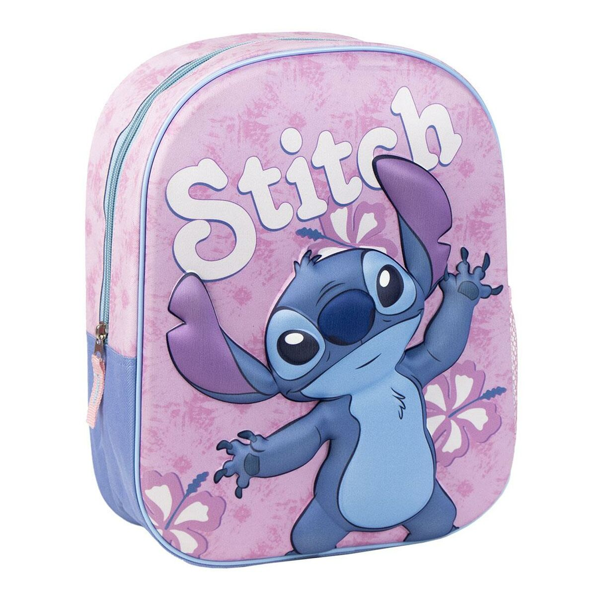 Rucksack mit Stitch-Zeichentrickfigur auf der Vorderseite. Stitch ist blau mit großen Ohren.