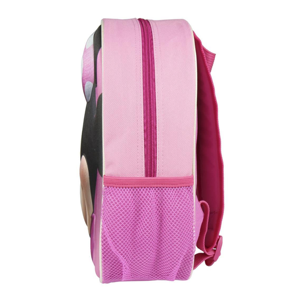 Vista lateral de una mochila rosa con una ilustración de Minnie Mouse y un bolsillo rosa.