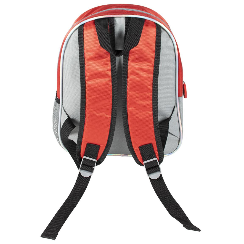 Parte trasera de una mochila roja y gris. Correas negras para los hombros y una parte superior gris con ribete plateado.