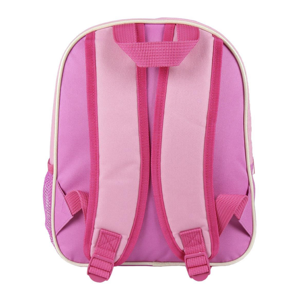 Parte trasera de una mochila rosa con tema de Minnie Mouse. Correas rosas y un ribete blanco.