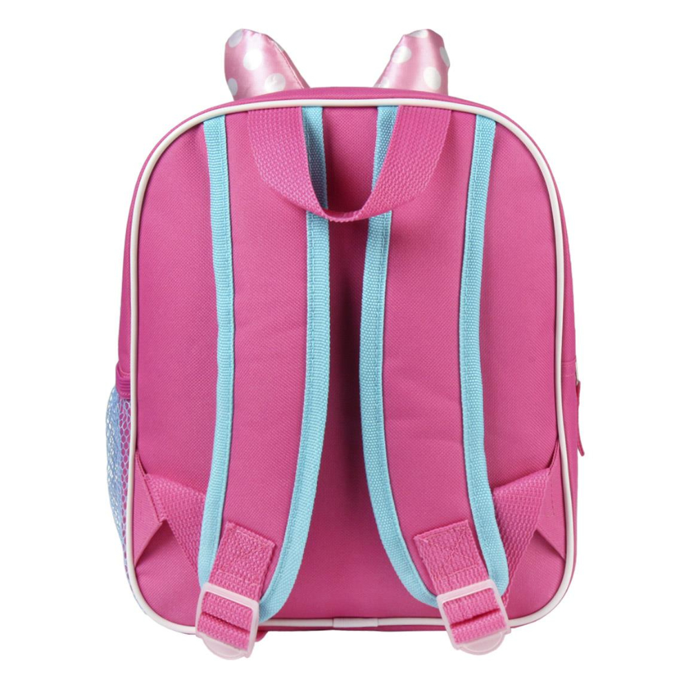 Parte trasera de una mochila rosa con orejas de Minnie Mouse y correas celeste claro, fondo blanco.