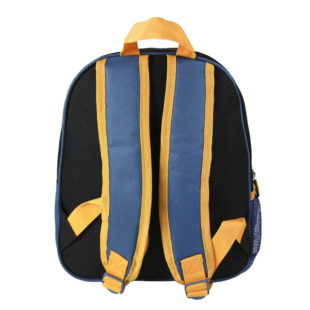 Mochila azul y negra con correas y asa amarillas.
