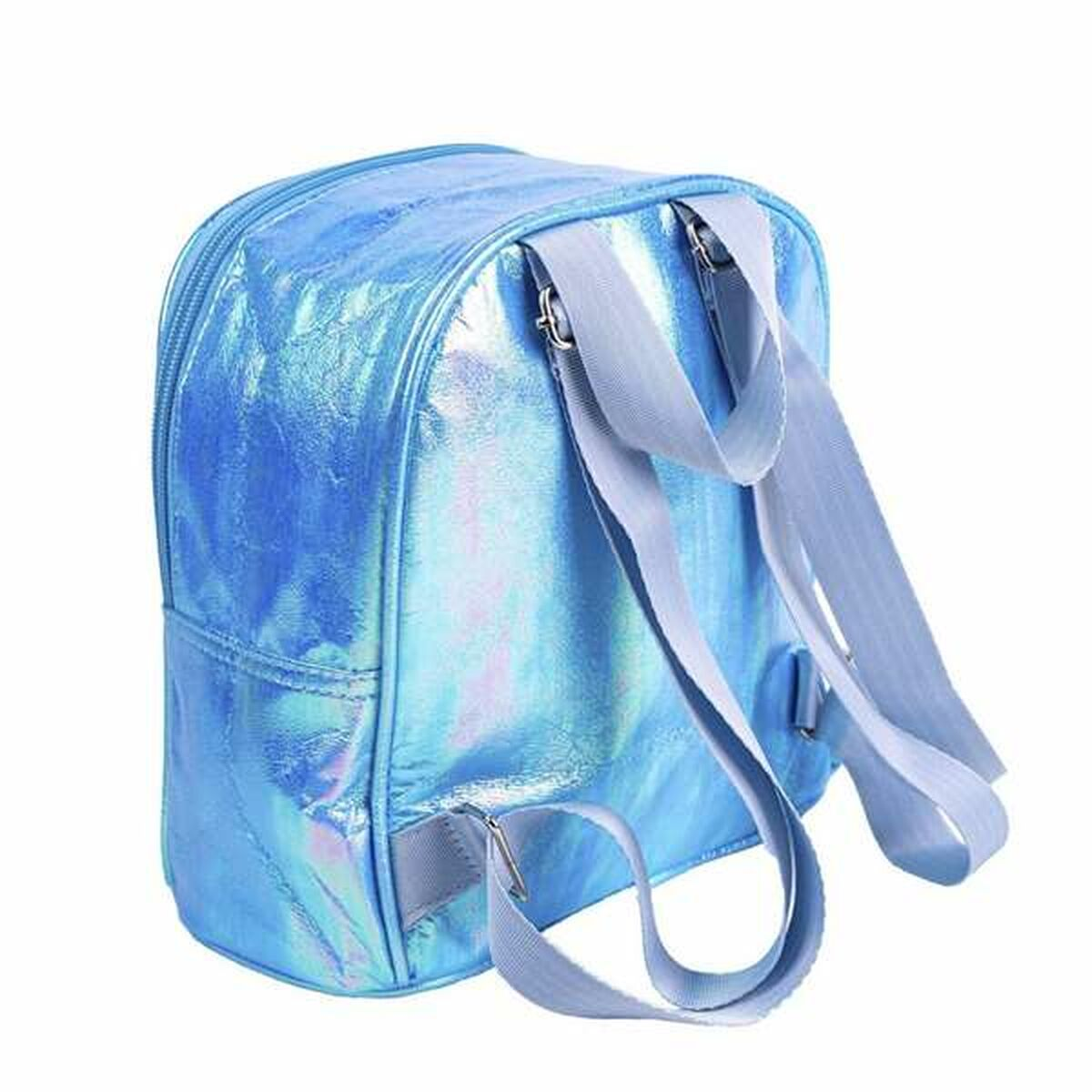 Blauer, schillernder Rucksack. Die Träger und der Griff sind hellblau.