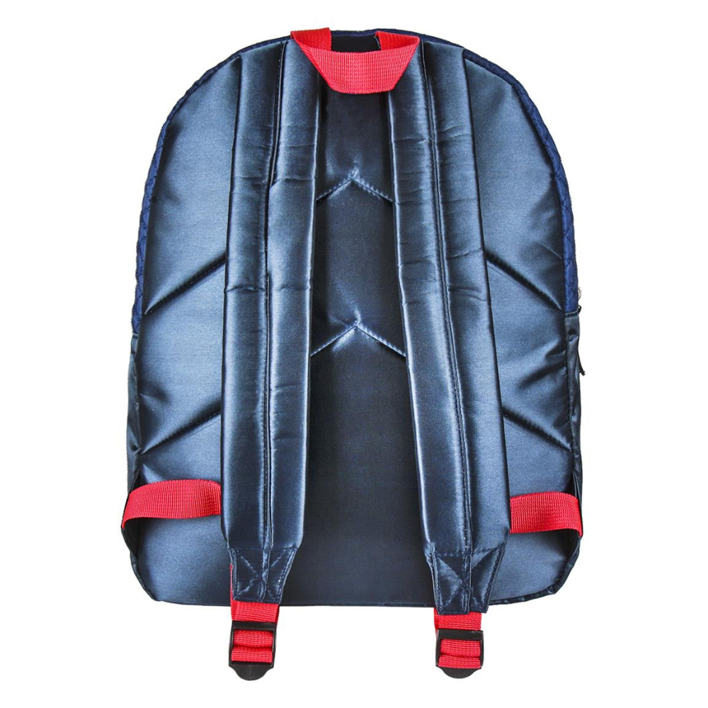 Mochila azul oscuro con correas rojas, detalles rojos en la espalda.