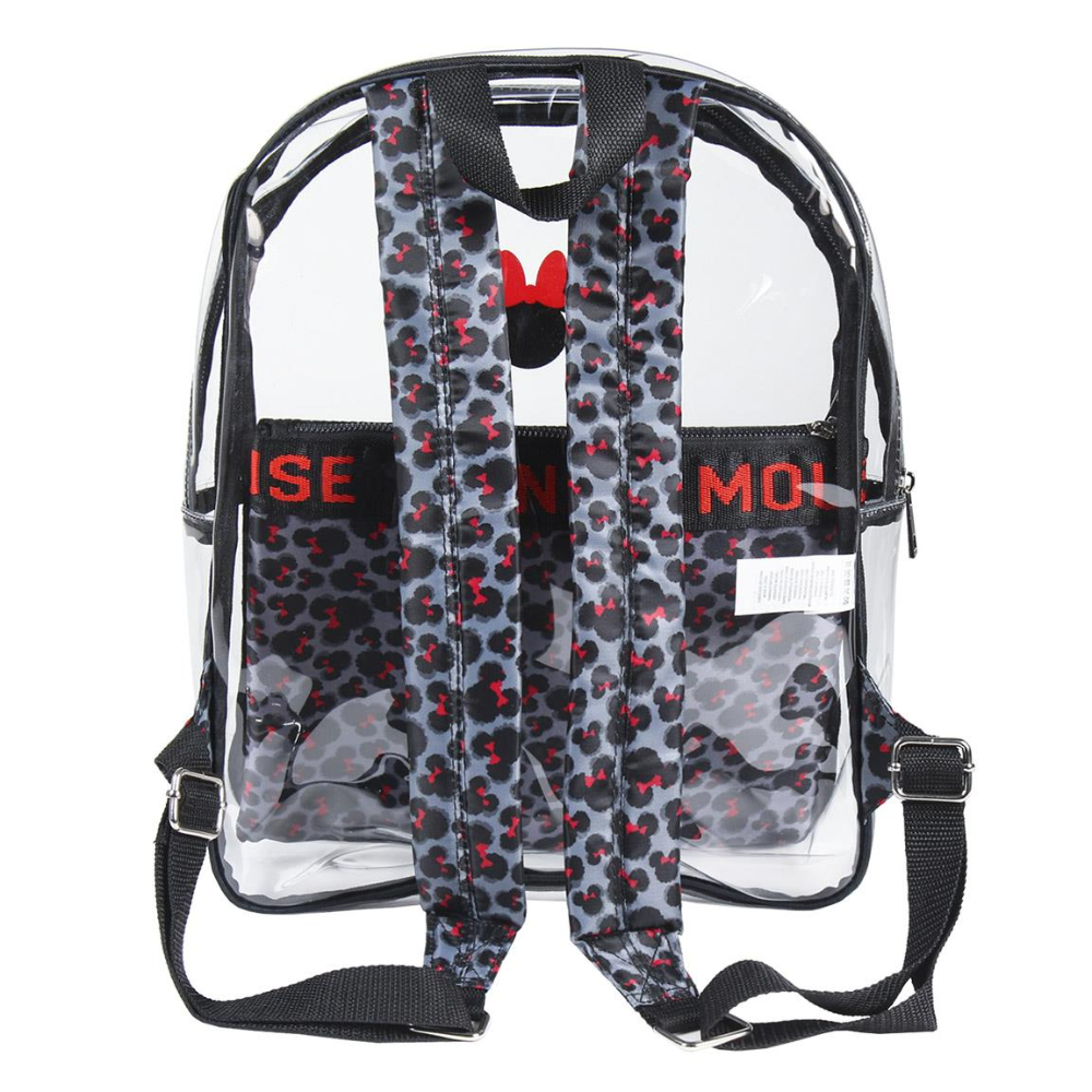 Parte trasera de la mochila transparente de Minnie Mouse con estampado de leopardo y la silueta de Minnie. Correas negras y detalles rojos.