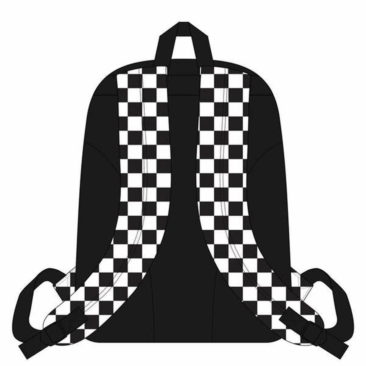 Schwarzer Rucksack mit weiß-schwarz karierten Trägern. Schwarzer Hintergrund.