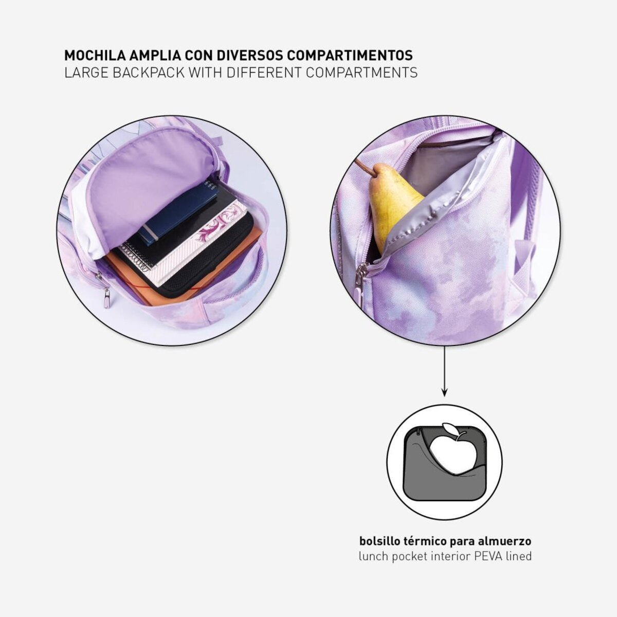 Dentro de la mochila, una pera y artículos para el almuerzo en un bolsillo térmico.