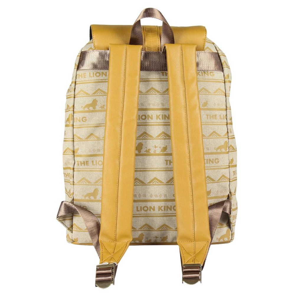 Vista trasera de una mochila de El Rey León, marrón claro con diseño dorado. Correas amarillas con 'Lion King'.