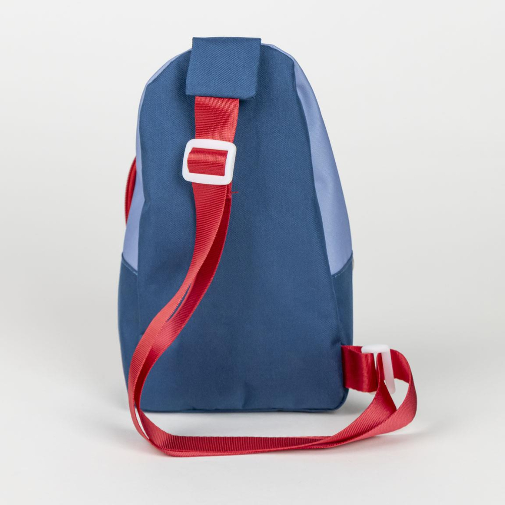 Marineblauer Rucksack mit roten Schultergurten. Weiße Schnalle und rotes Gurtband hinten.