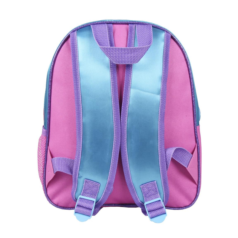 Parte trasera de una mochila rosa y azul. Cuenta con correas azules y bolsillos laterales.