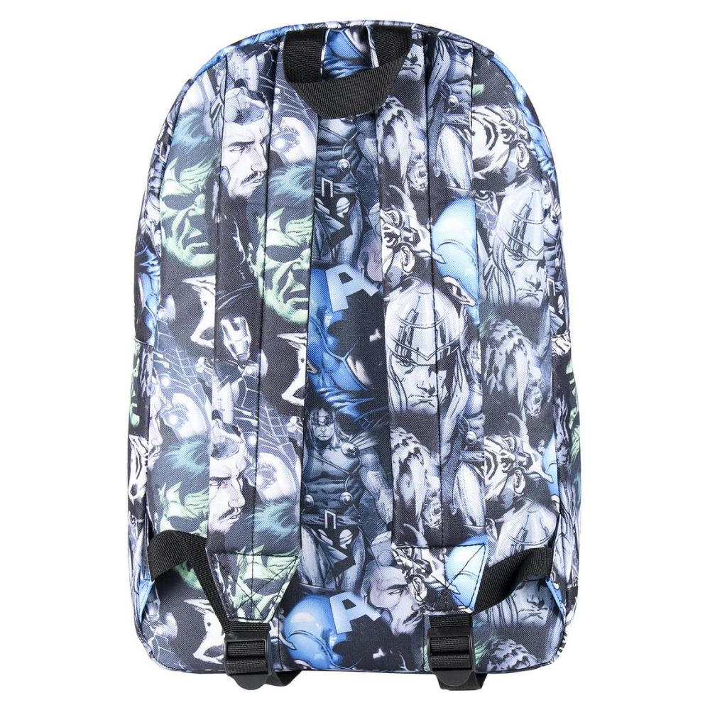 Mochila temática de cómic de Marvel. Presenta personajes de Marvel en un patrón detallado.