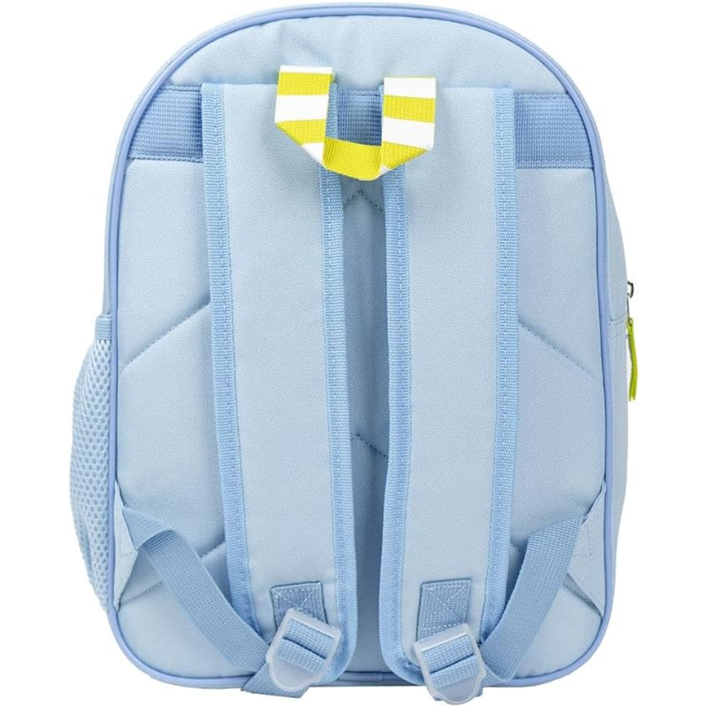Parte trasera de la mochila Bluey. Azul claro con asa a rayas blancas y amarillas.