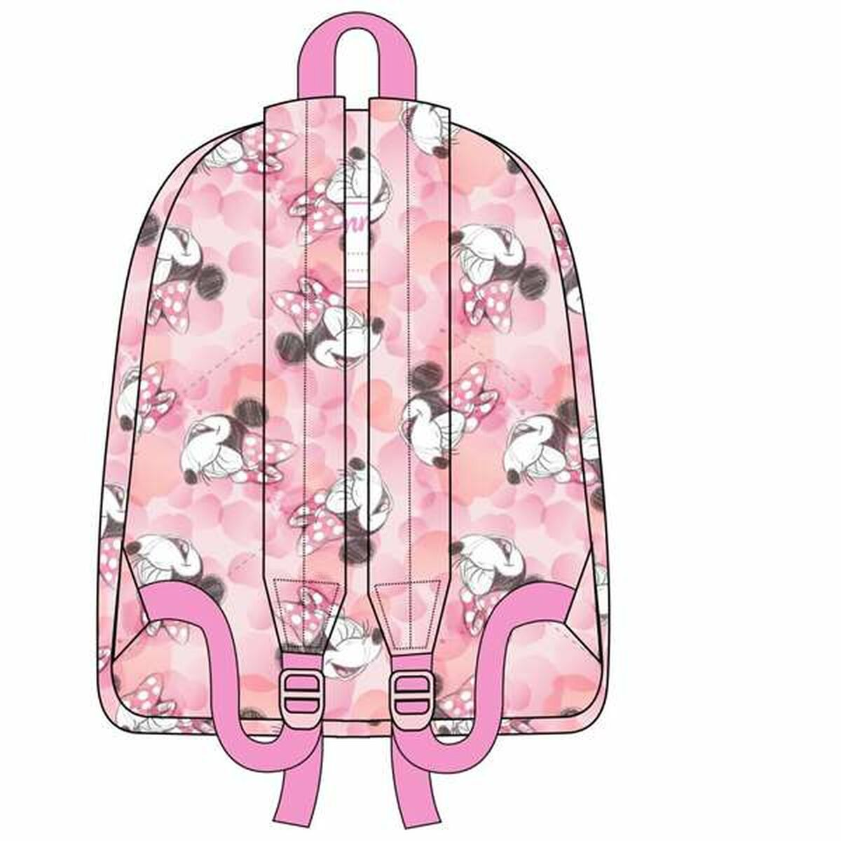 Rosa Rucksack mit Minnie Mouse Muster und rosa Trägern. Minnie Mouse Muster.