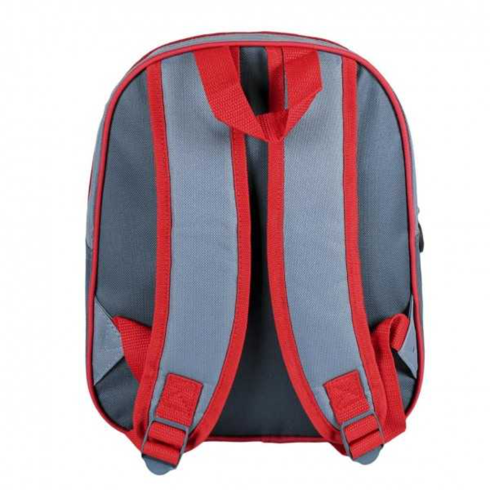 Parte trasera de la mochila de Superman. Gris con correas rojas.