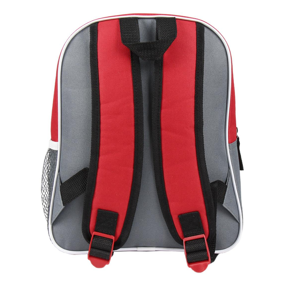 Mochila roja y gris. Espalda roja con correas grises. Contorno blanco. Correas negras con cierres rojos.