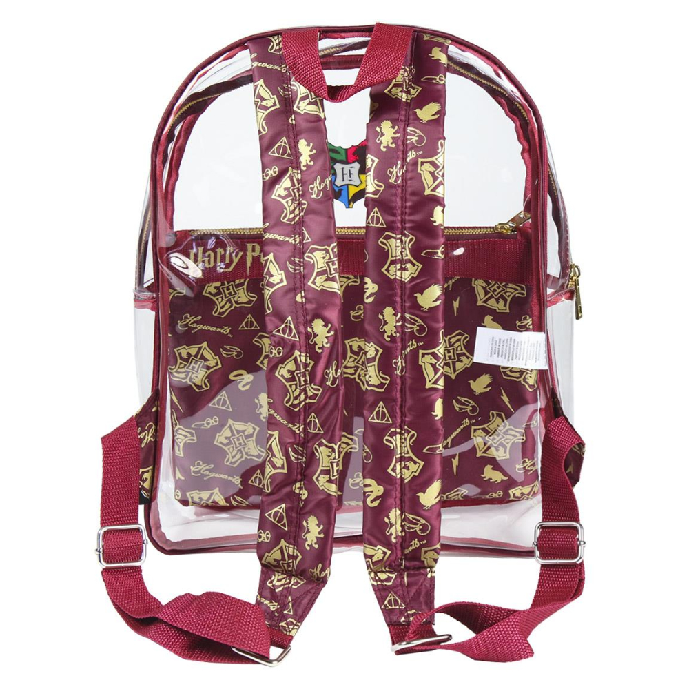 Mochila de Harry Potter, vista trasera. Transparente con diseño de Harry Potter burdeos y dorado. Correas burdeos.