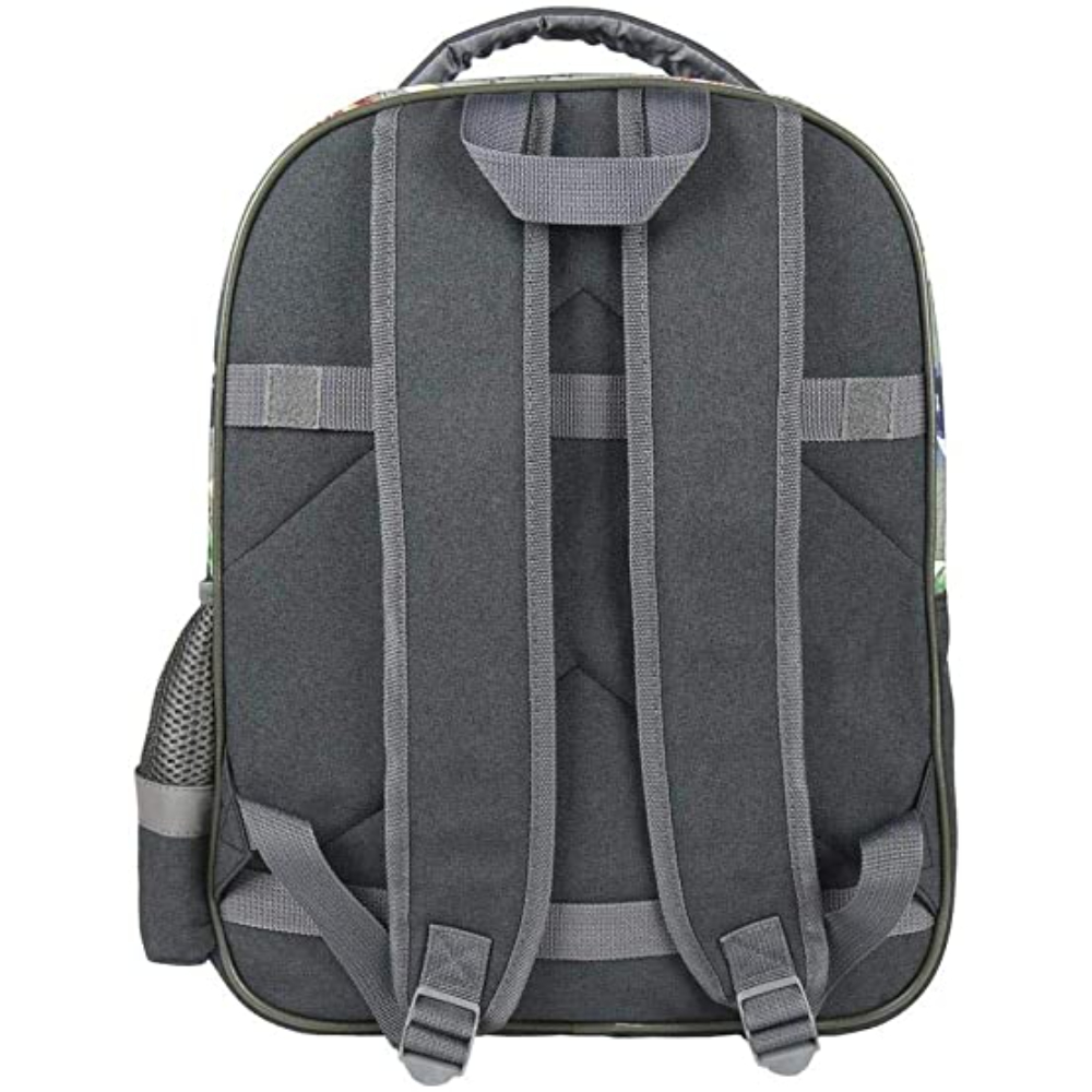Mochila gris con correas grises y un pequeño bolsillo lateral de malla.