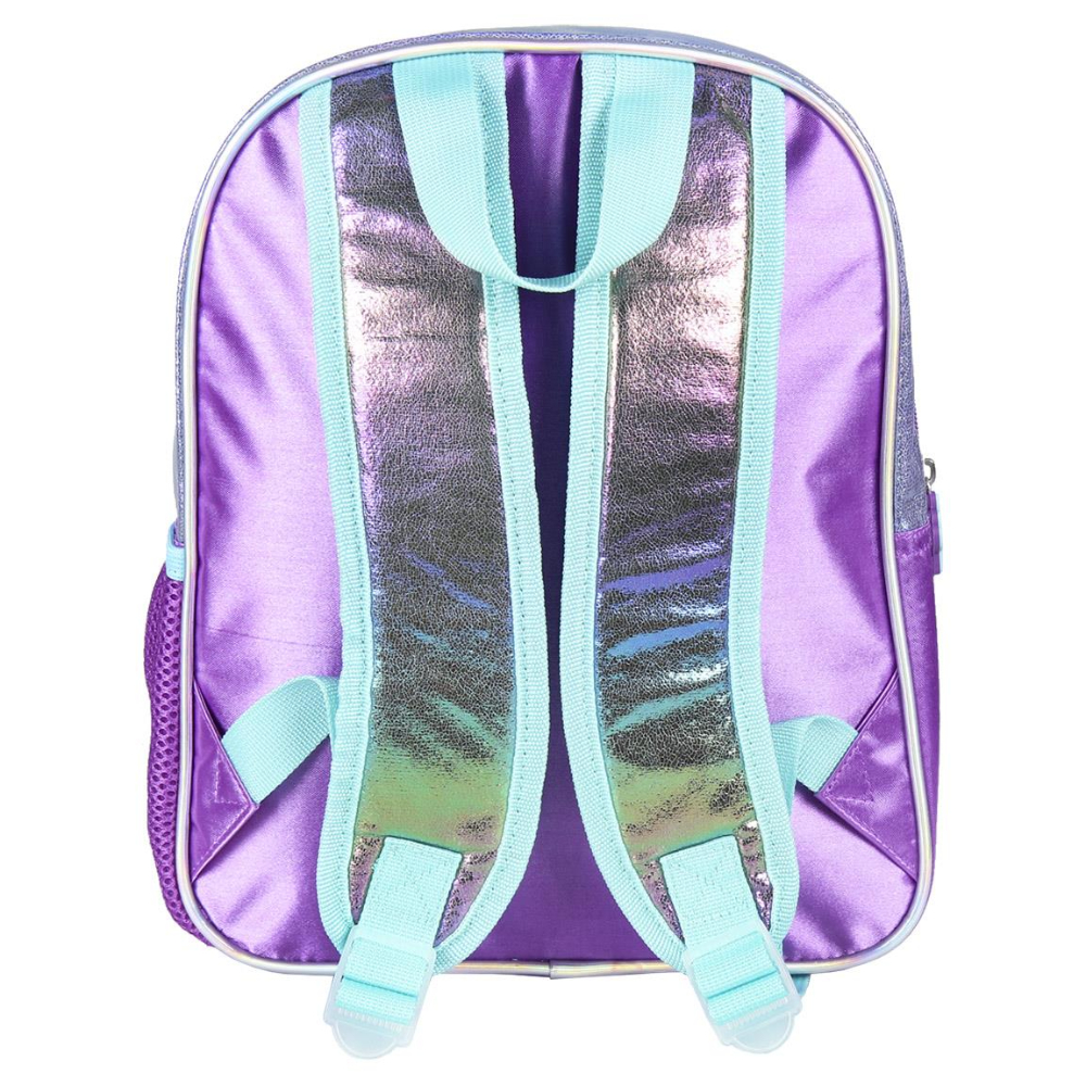 Mochila morada con brillo holográfico, correas azul claro y un diseño de unicornio.
