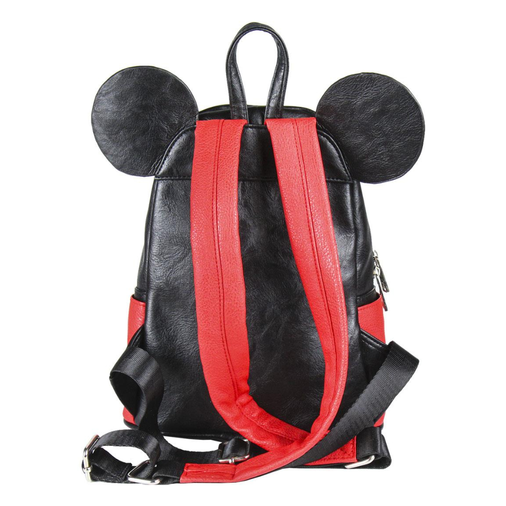 Mochila negra de Mickey Mouse con correas y orejas rojas. El fondo es blanco.