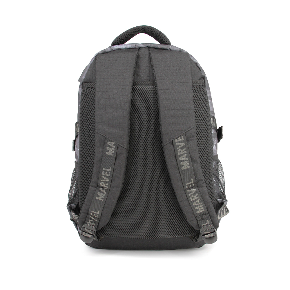 Parte trasera de una mochila gris de Marvel con el logotipo de Marvel en las correas.
