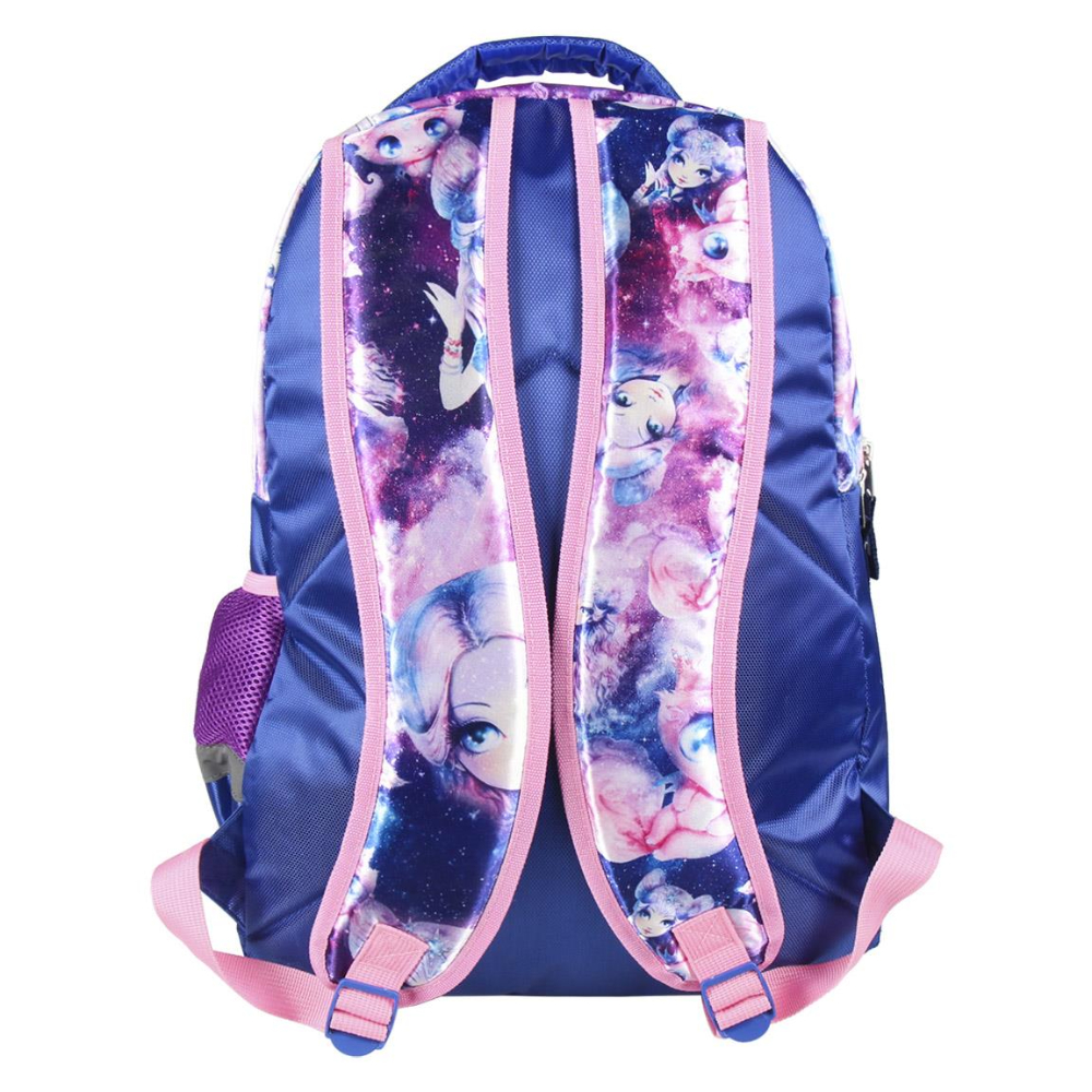 Mochila azul con diseño de galaxia, correas rosas e imágenes de chicas.