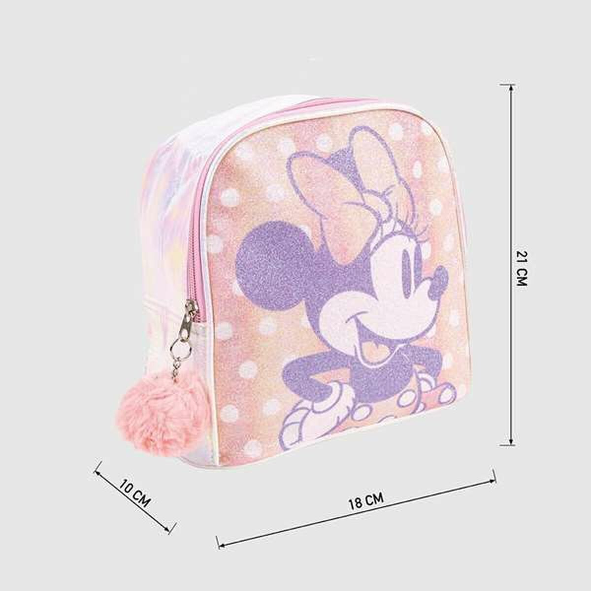 Minnie Mouse Rucksack mit rosa Punkten und Abmessungen.
