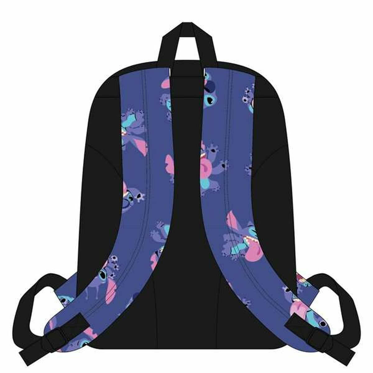 Schwarze Rucksackrückseite mit Stitch-Cartoonfiguren in Blau- und Rosatönen auf den Trägern.