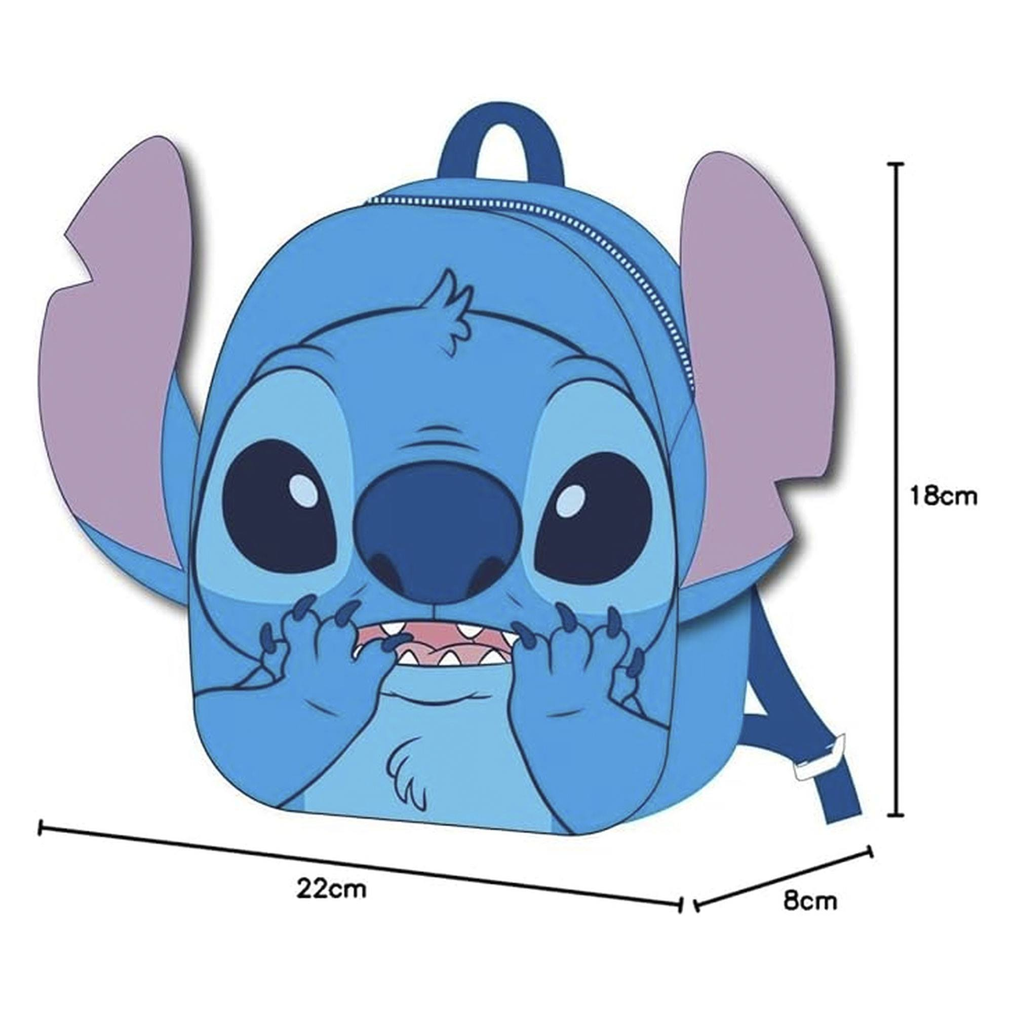 Mochila azul de Stitch. Presenta la cara de Stitch y orejas grandes. Se muestran las dimensiones.