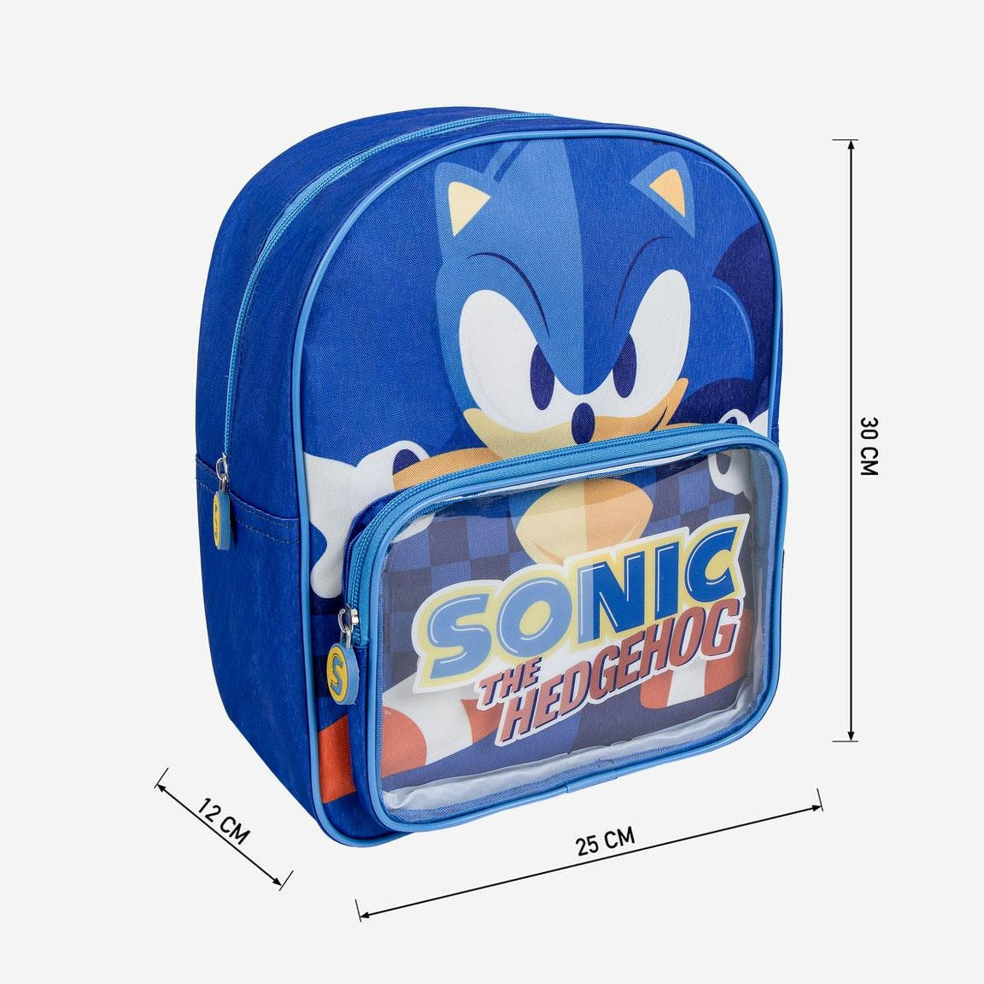 Mochila de Sonic the Hedgehog. Presenta a Sonic en la parte delantera, bolsillo azul y transparente.
