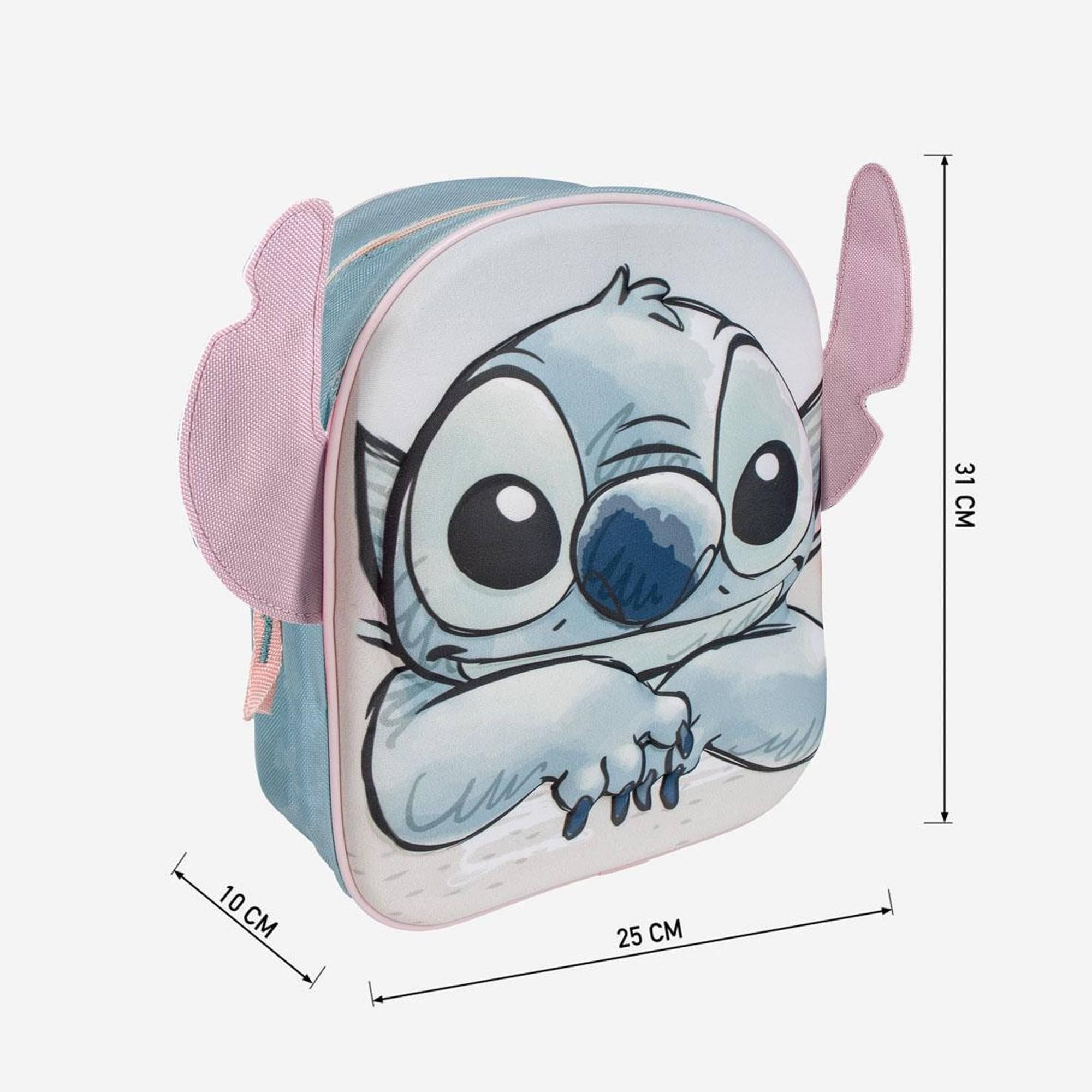 Mochila de Stitch con medidas. El fondo es blanco.