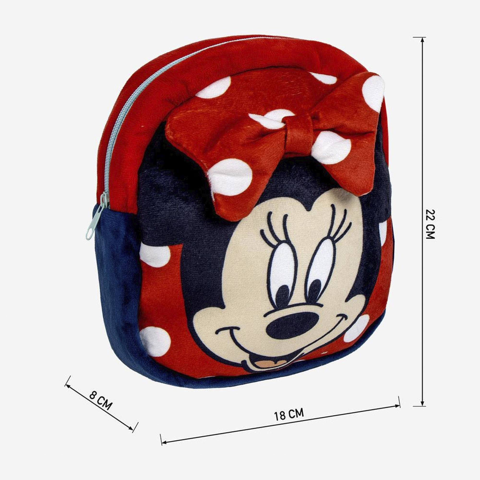 Mochila de Minnie Mouse. Presenta la cara de Minnie y un gran lazo rojo con lunares blancos.