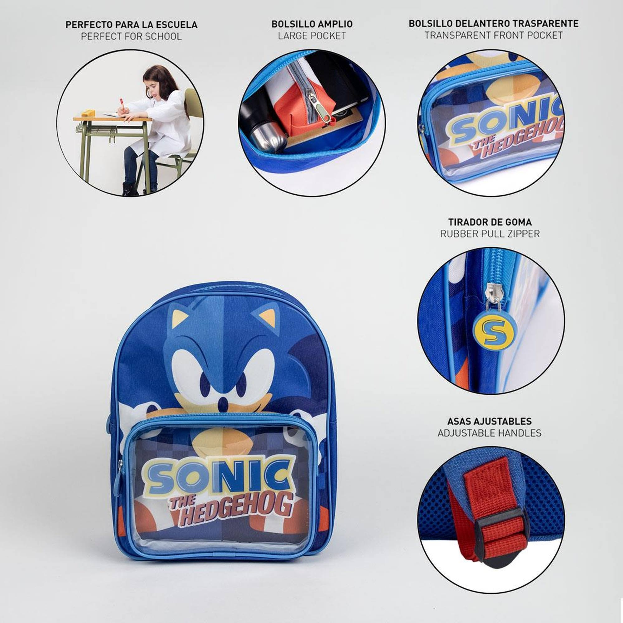 Mochila azul de Sonic the Hedgehog con detalles. Fondo blanco.