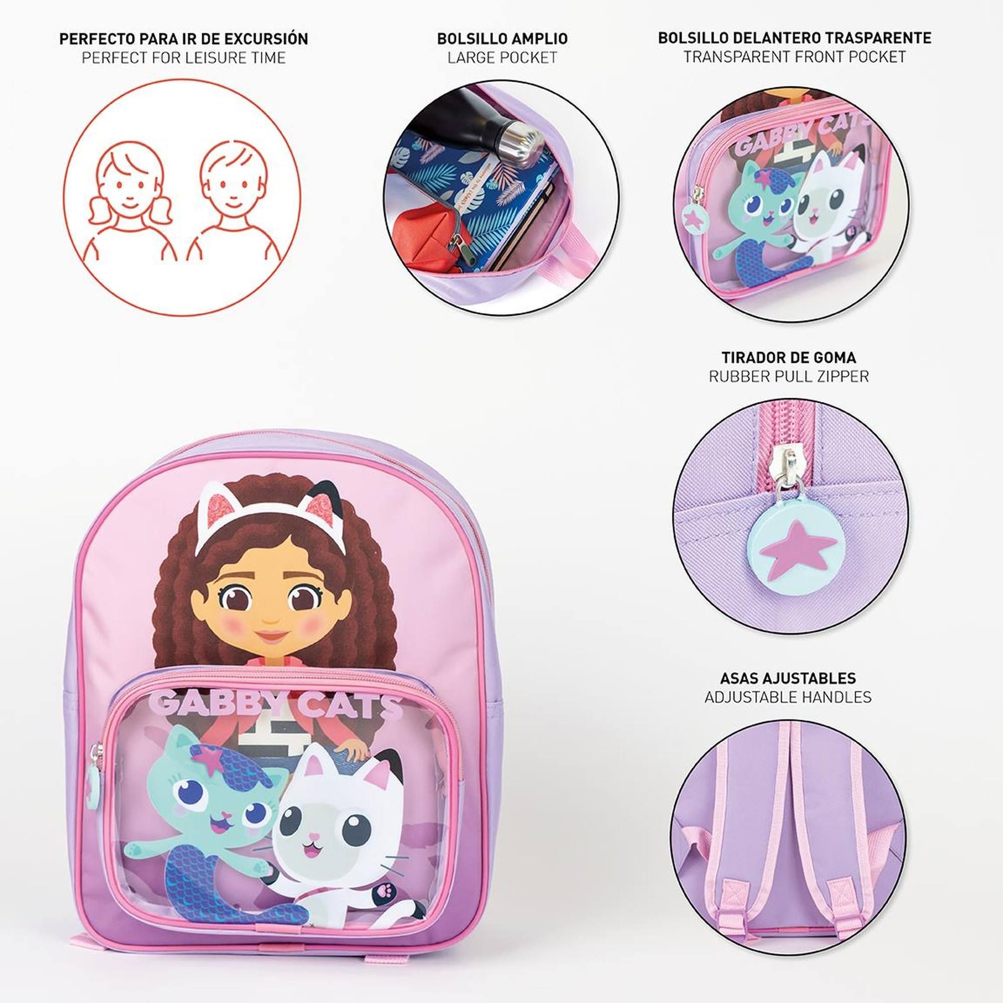 Mochila de Gabby's Dollhouse con características. Incluye un bolsillo grande, un bolsillo frontal transparente y asas ajustables.