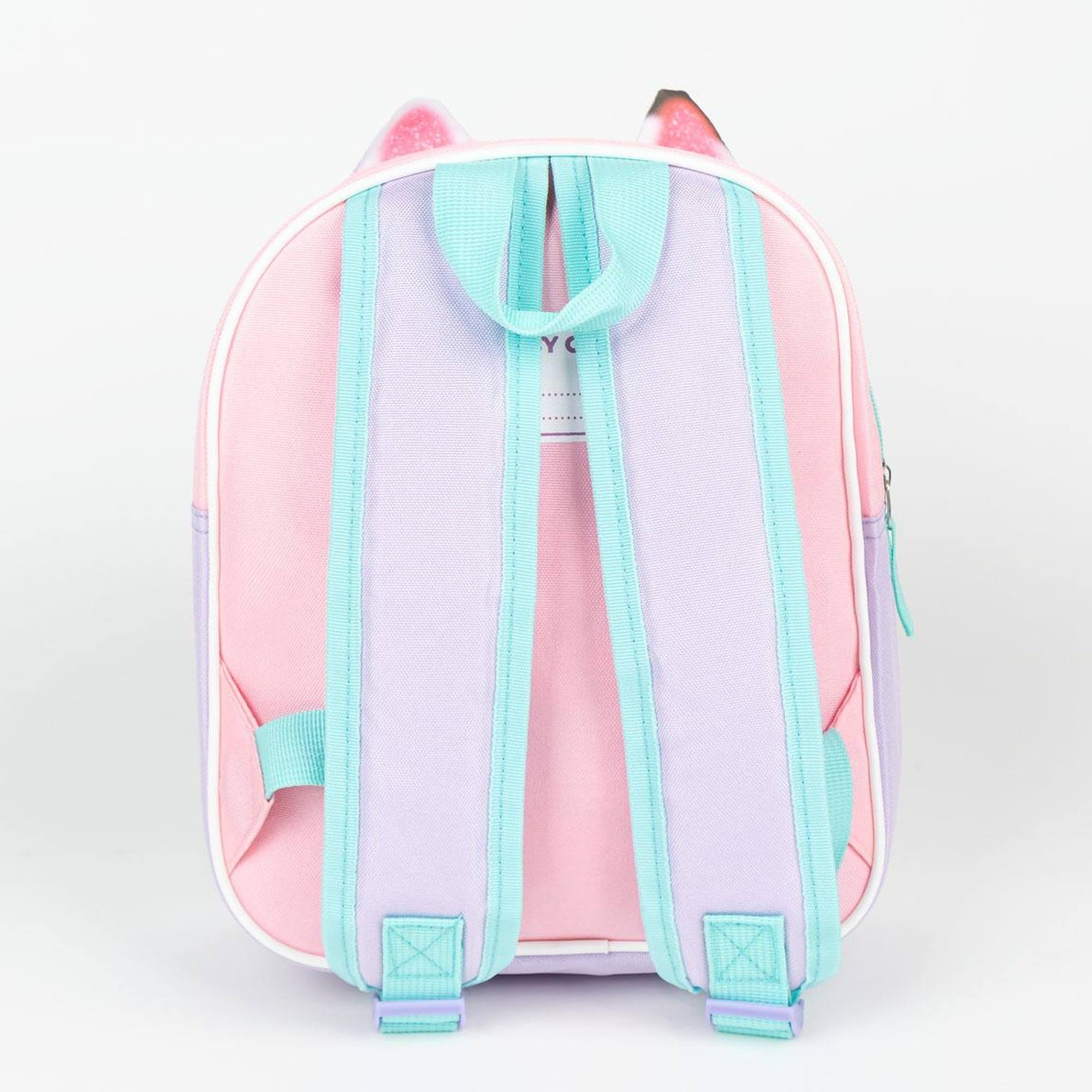 Parte trasera de la mochila Gabby Cats. Rosa, lila claro y turquesa. Fondo blanco.