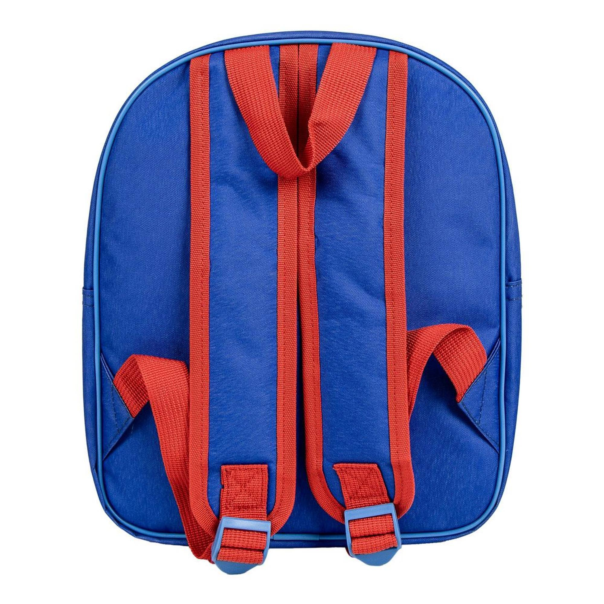 Mochila azul con correas rojas. Las correas recorren la parte trasera de la mochila.