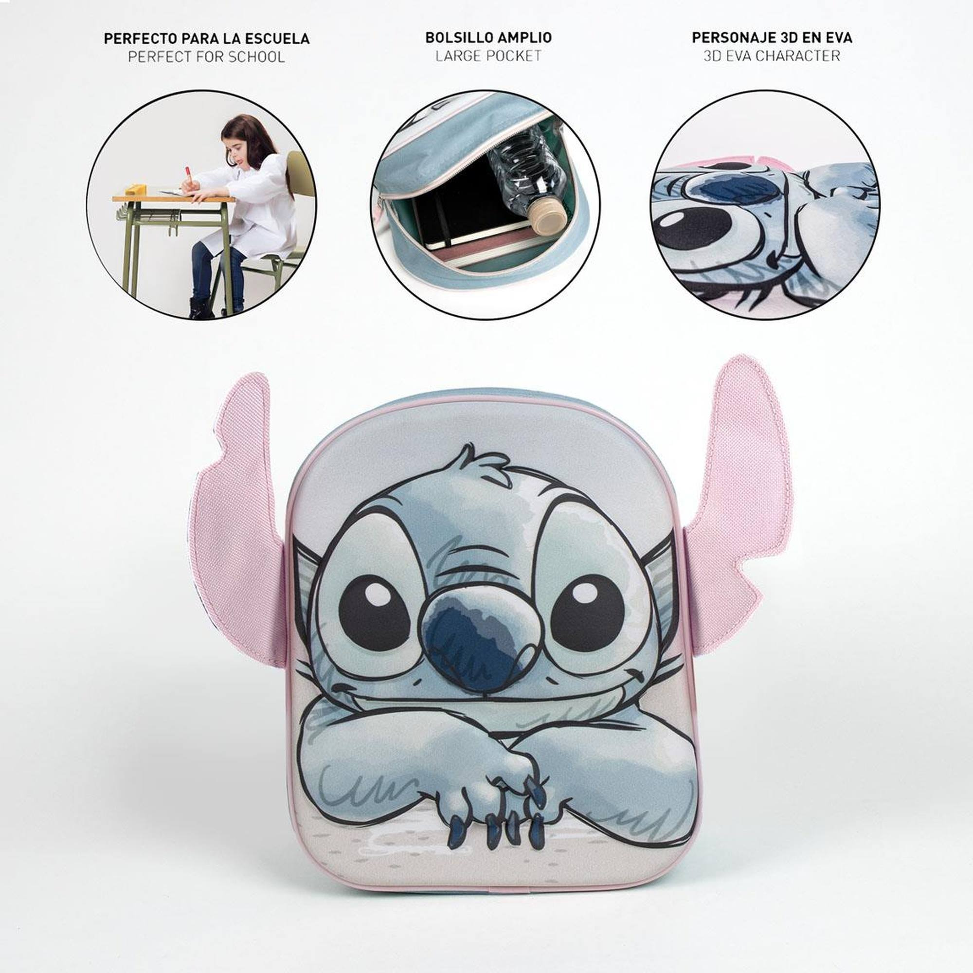 Mochila de Stitch con detalles. El fondo es blanco.