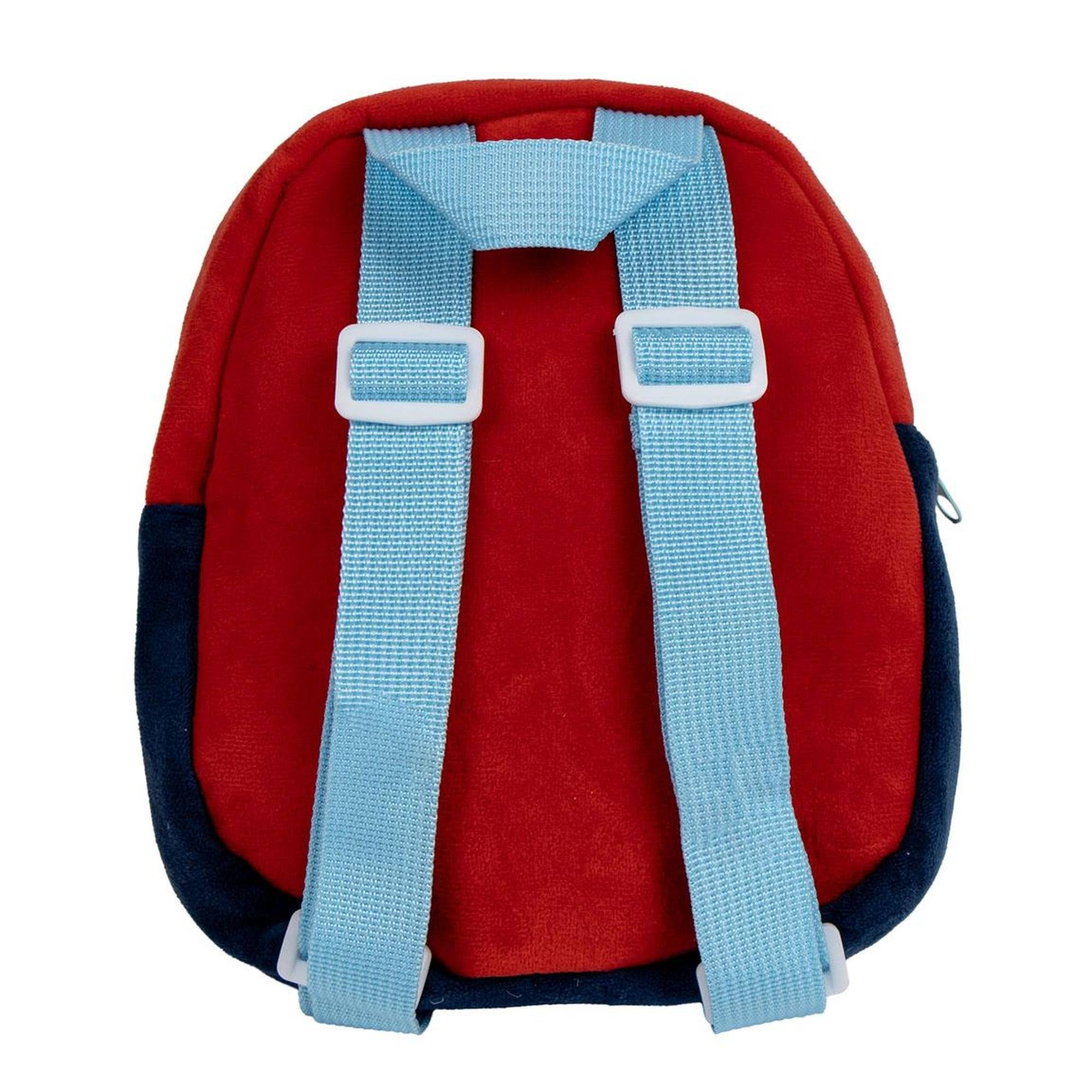 Mochila roja con correas azul claro. Se ve la parte trasera de la mochila.
