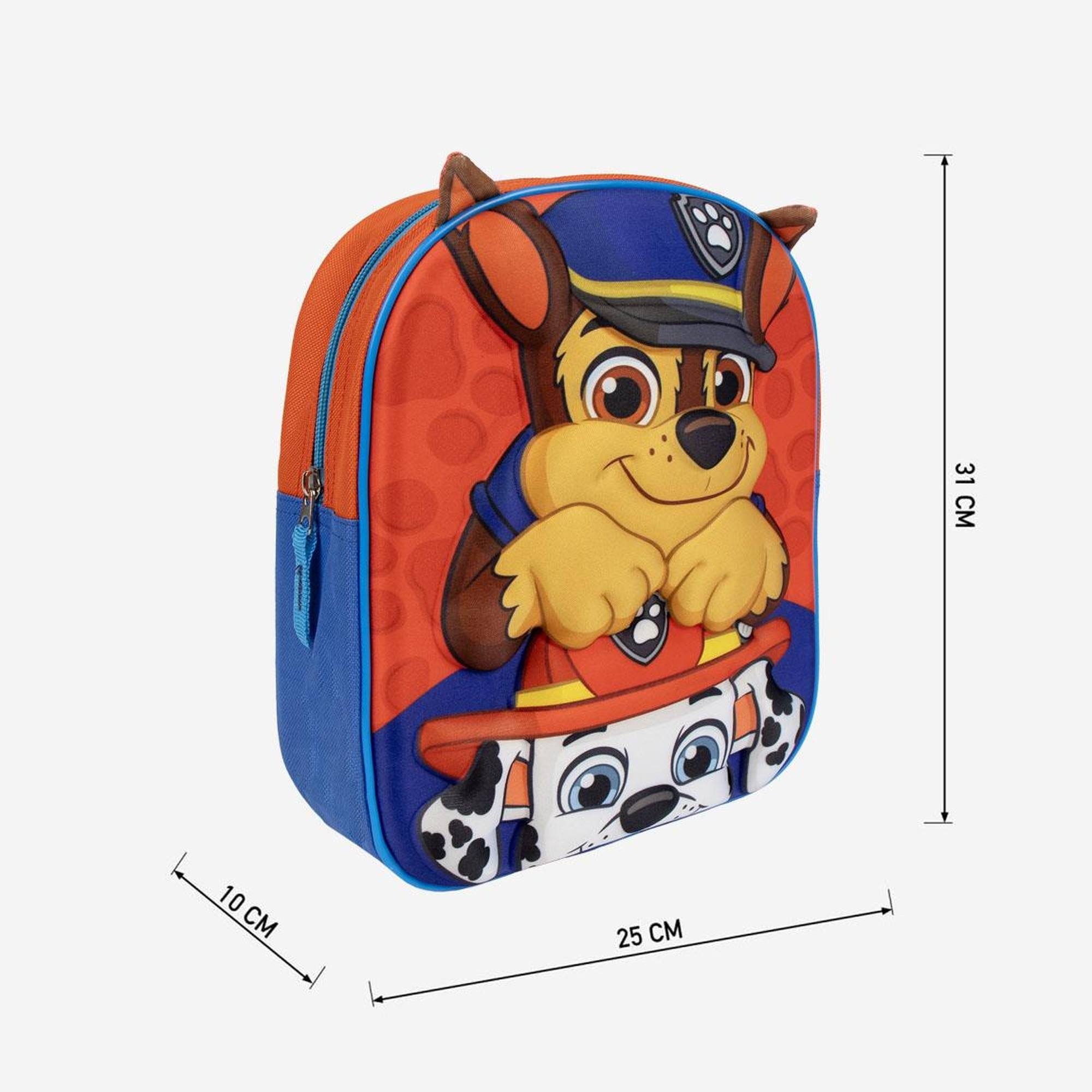 Mochila de Paw Patrol con Chase y Marshall. Naranja, azul y rojo. Fondo blanco.