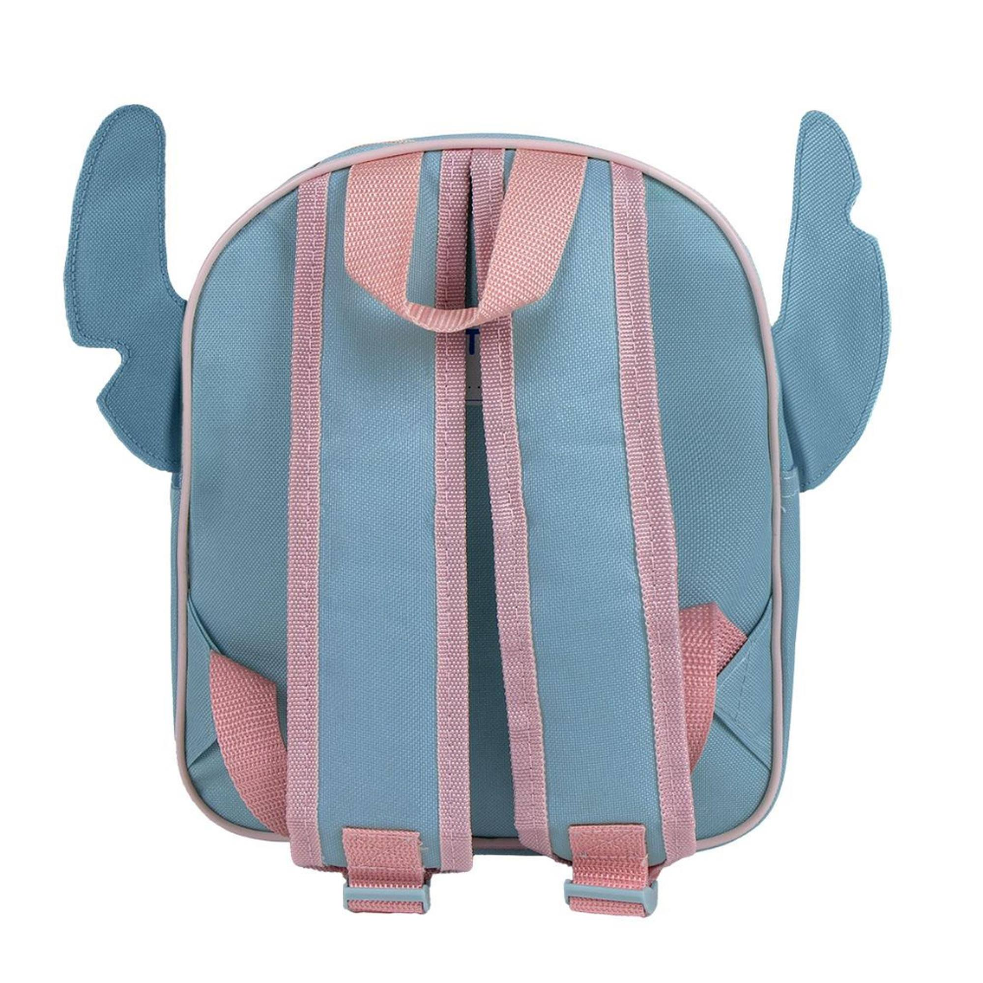 Mochila azul con orejas de Stitch y correas rosas.