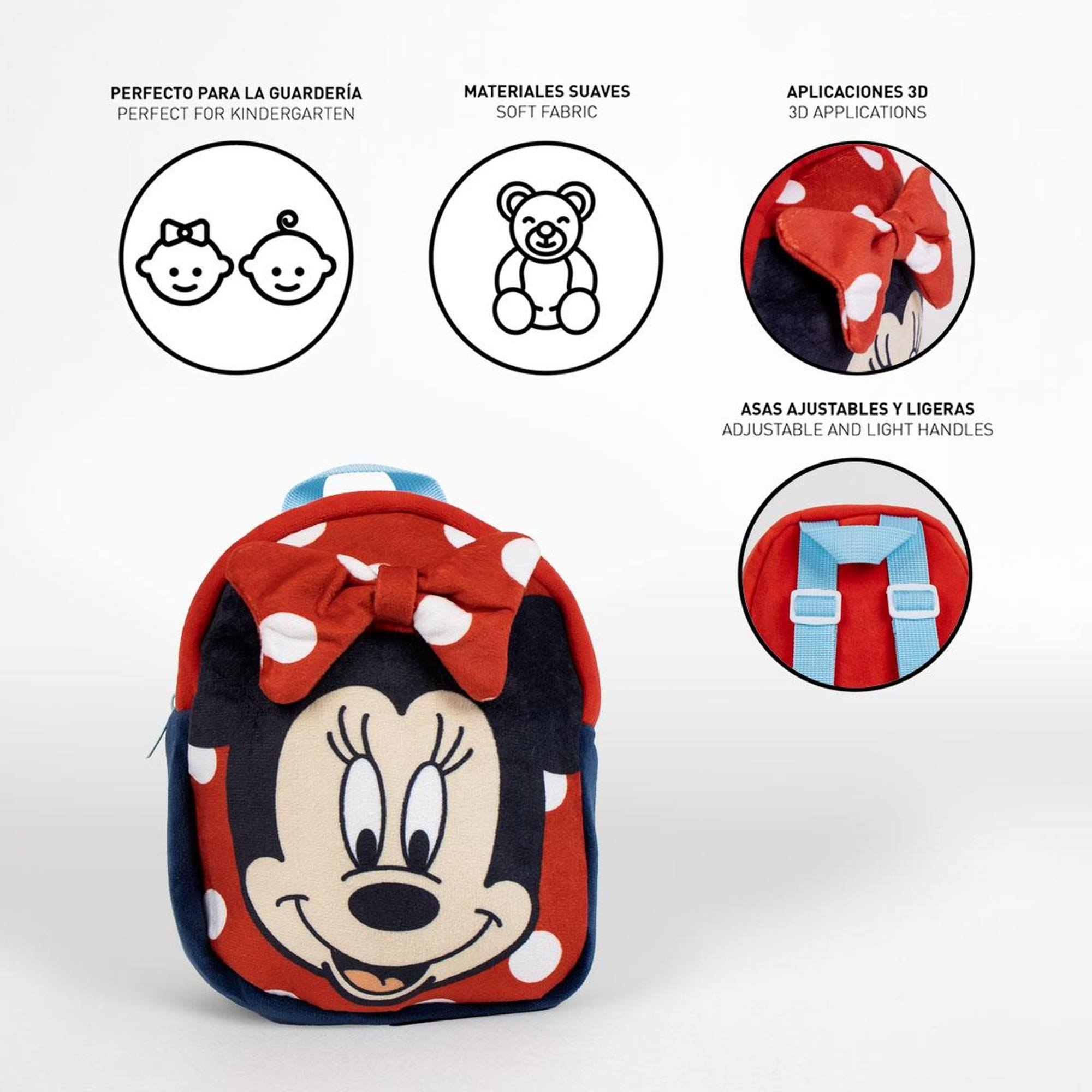 Mochila de Minnie Mouse, roja con lunares blancos, lazo e imagen del personaje.