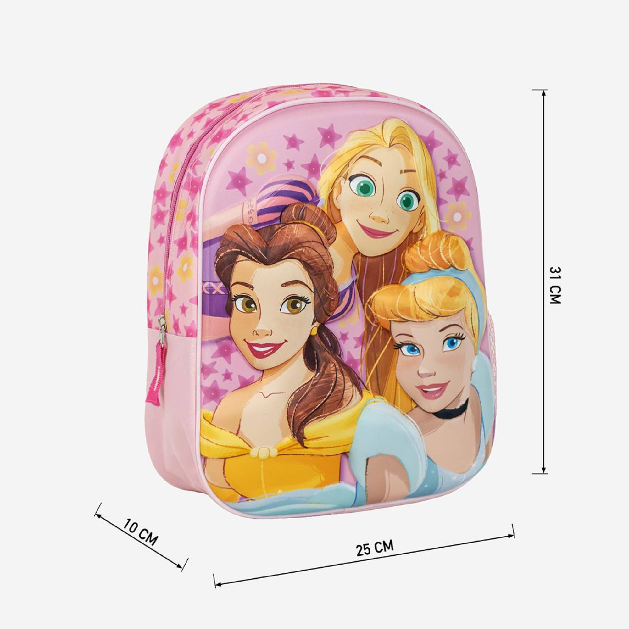Mochila rosa de princesas Disney con Cenicienta, Bella y Rapunzel. Medidas 25x31x10 cm. Fondo rosa.