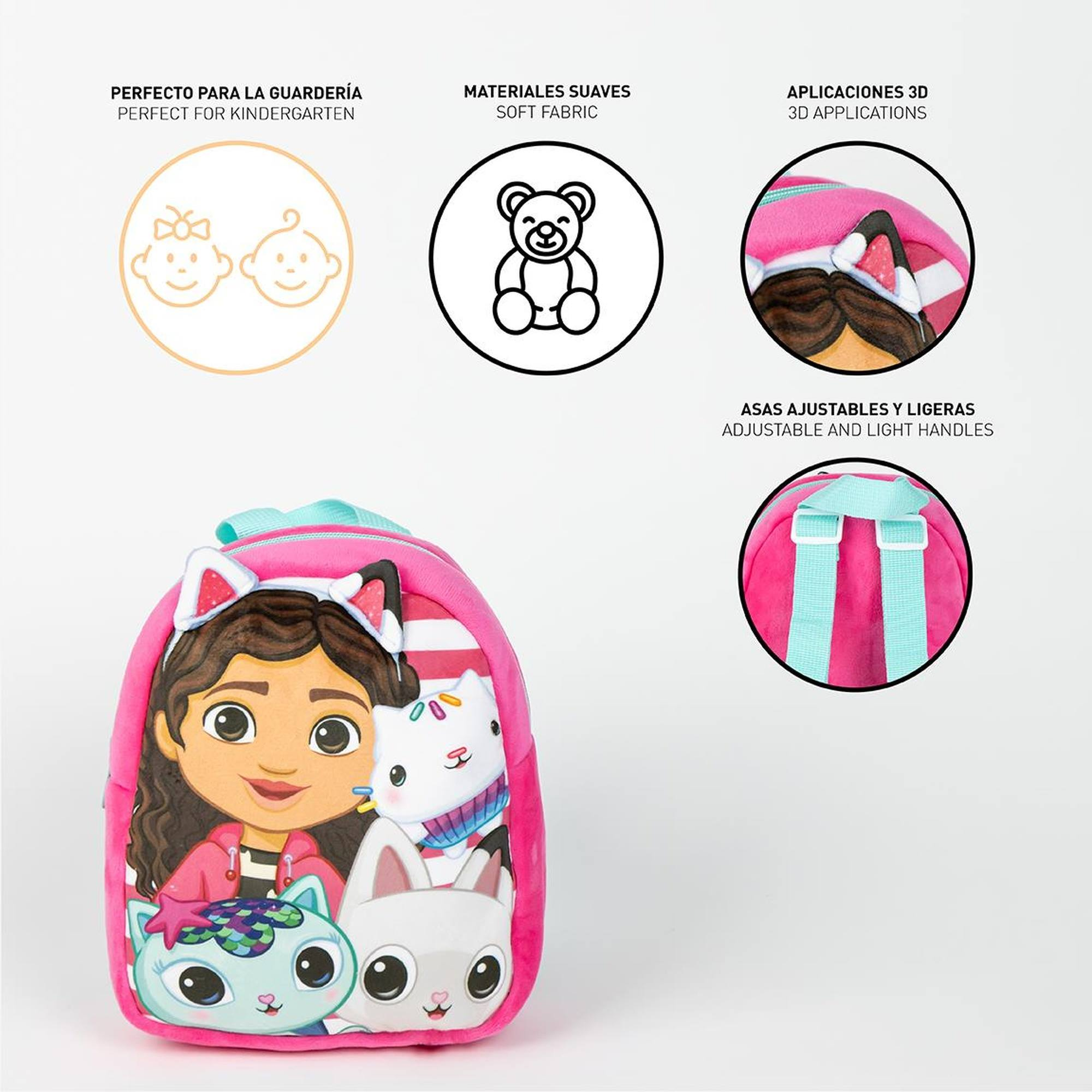 Mochila rosa Gabby's Dollhouse con Gabby y gatos, con detalles de orejas de gato.