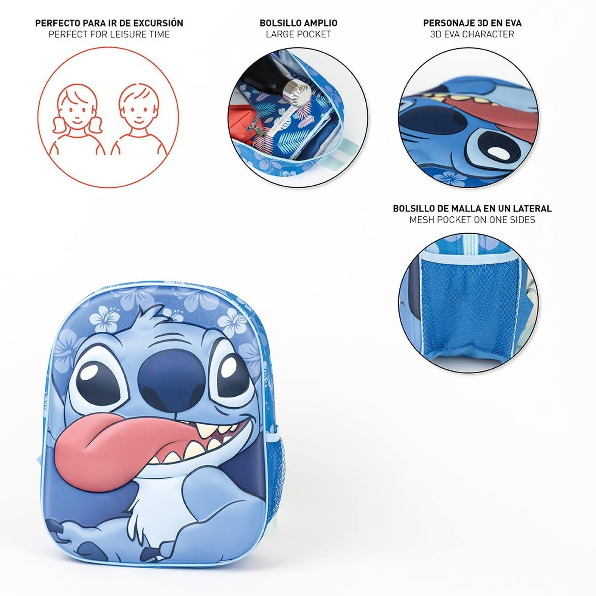 Blauer Stitch-Rucksack mit Stitch-Gesicht. Verfügt über eine Netztasche und eine große Tasche. Weißer Hintergrund.